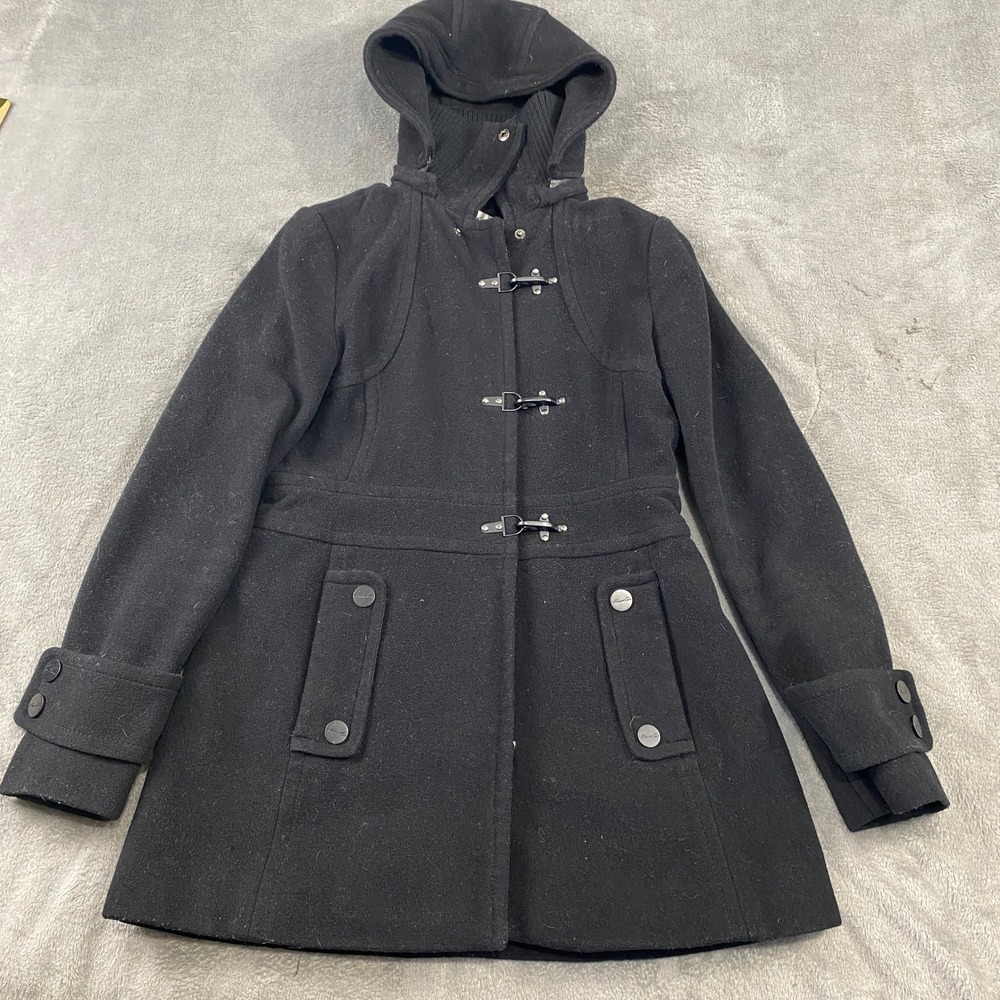 Kenneth Cole New York Black Toggle Coat Hooded Wool Blend Women's Size 4
